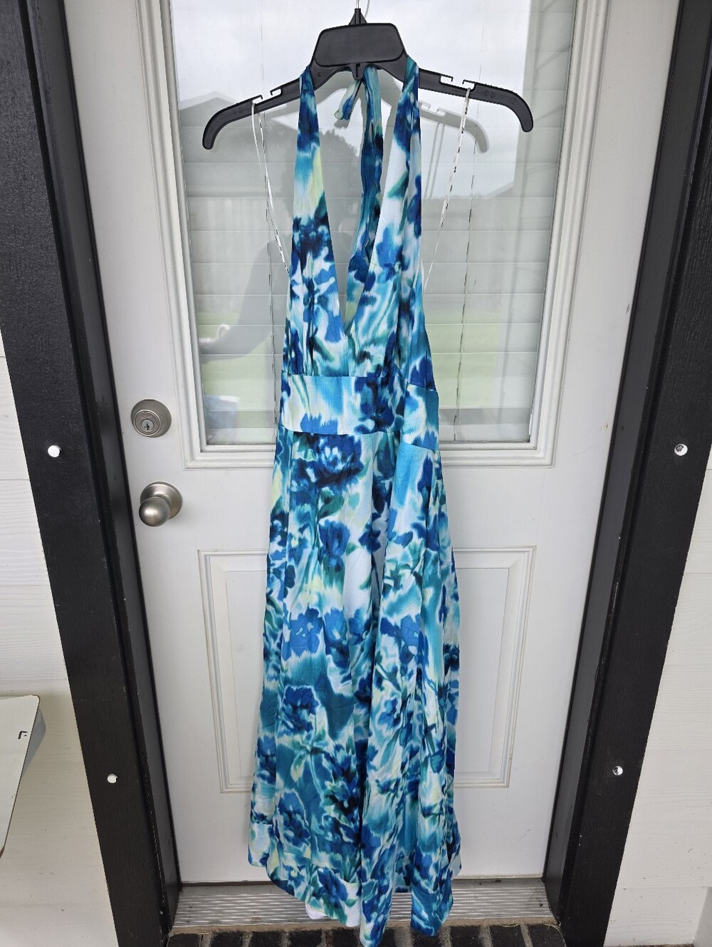 DKNY Blue Aqua Floral Halter Maxi SunDress Size 16 Sleeveless Resort Vacation - Picture 3 of 11